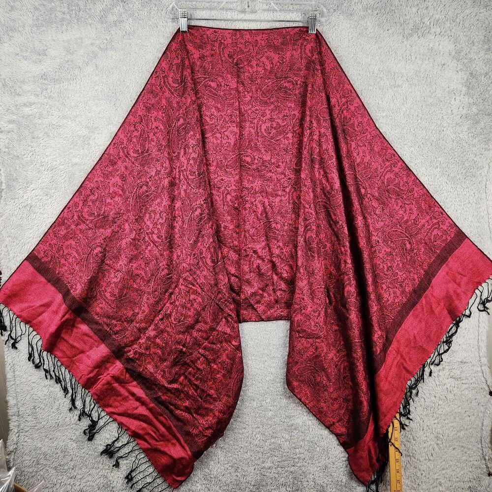 Vintage Pashmina Shawl Wrap Scarf Womens Red Paisley Fringe Knit Boho Hippie 90s